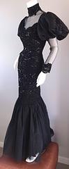 Amazing 1980s Alfred Bosand Couture Black Silk Lace Beaded Mermaid Dress / Gown