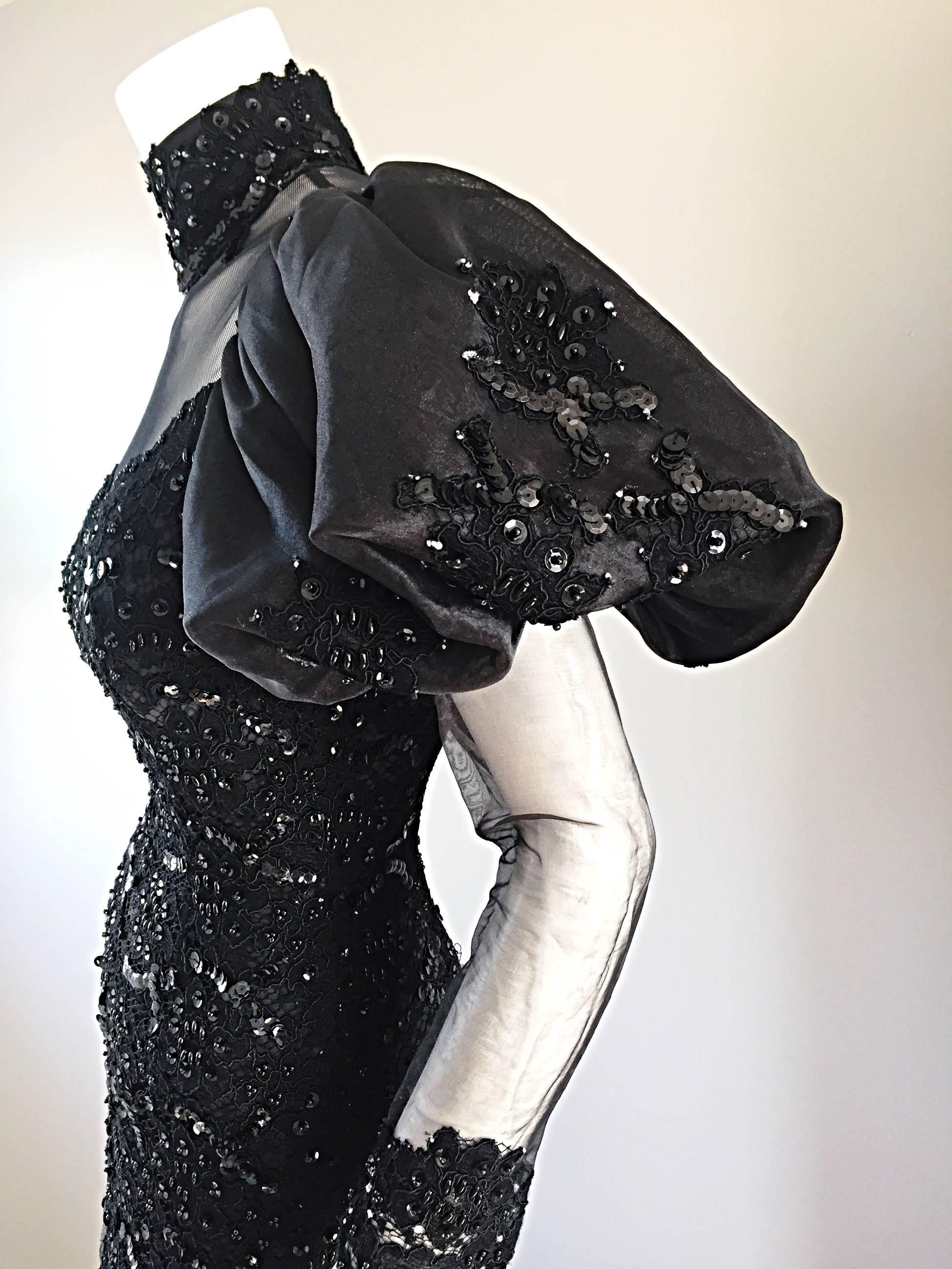 Amazing 1980s Alfred Bosand Couture Black Silk Lace Beaded Mermaid Dress / Gown  2