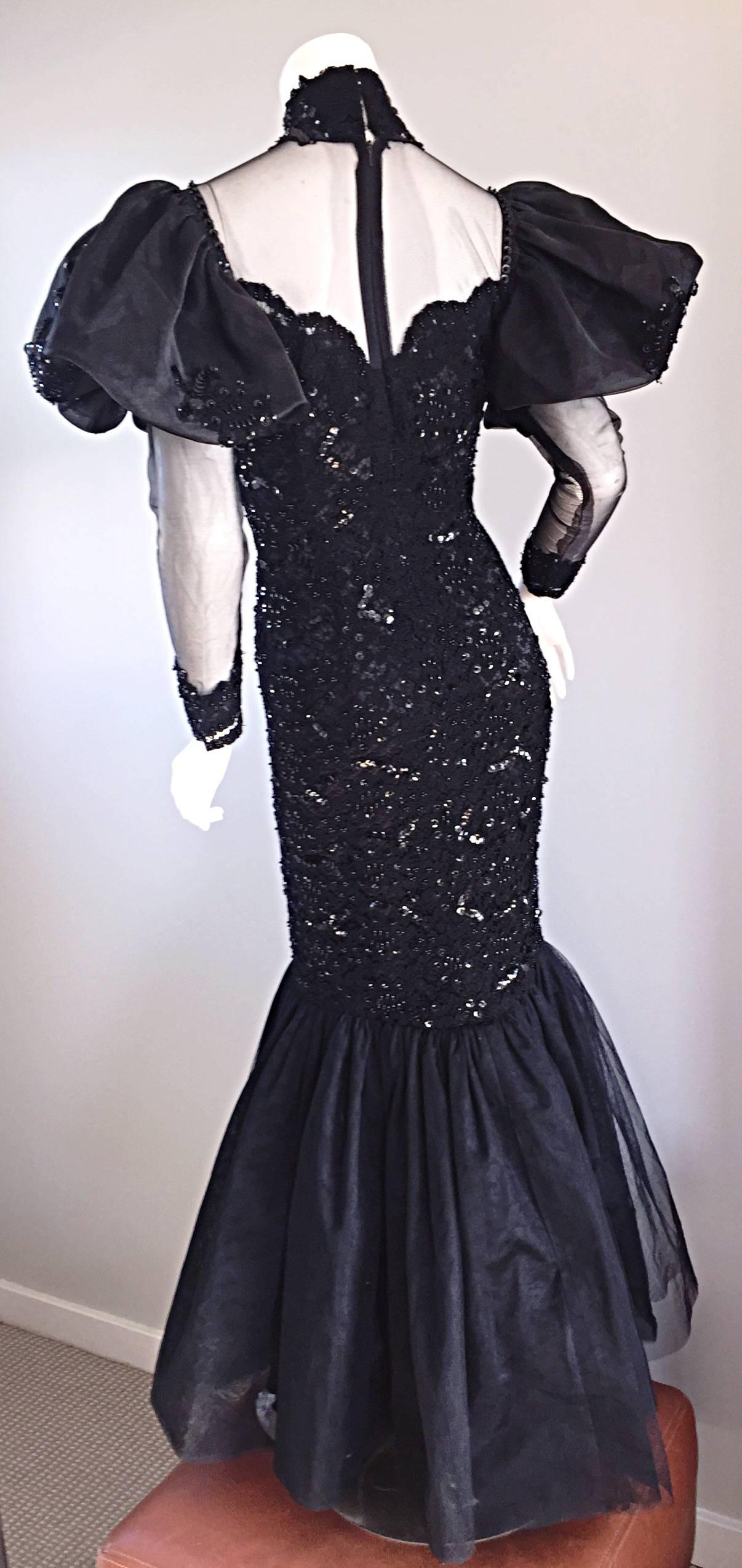 Amazing 1980s Alfred Bosand Couture Black Silk Lace Beaded Mermaid Dress / Gown In Excellent Condition In San Diego, CA
