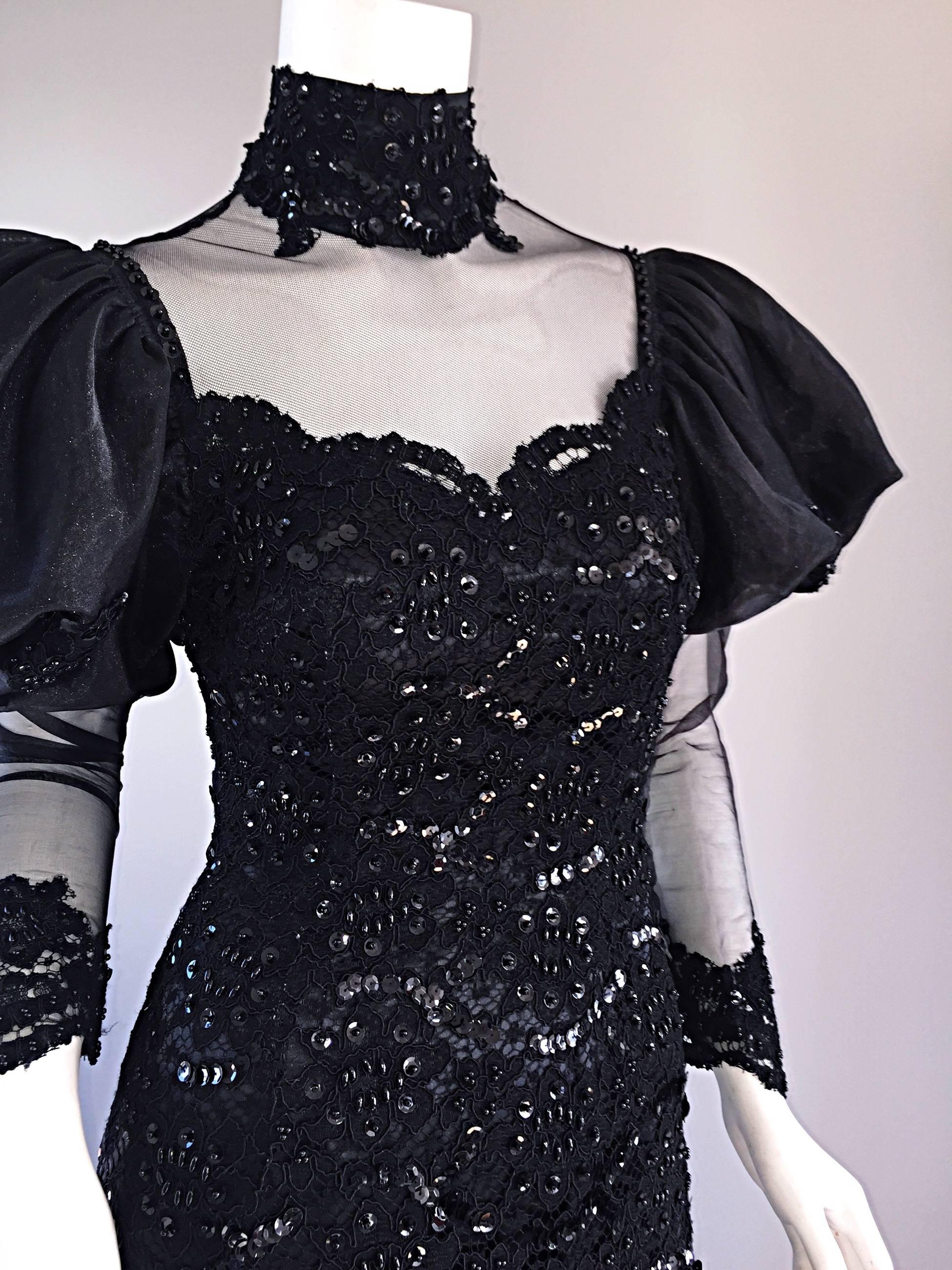 Women's Amazing 1980s Alfred Bosand Couture Black Silk Lace Beaded Mermaid Dress / Gown 