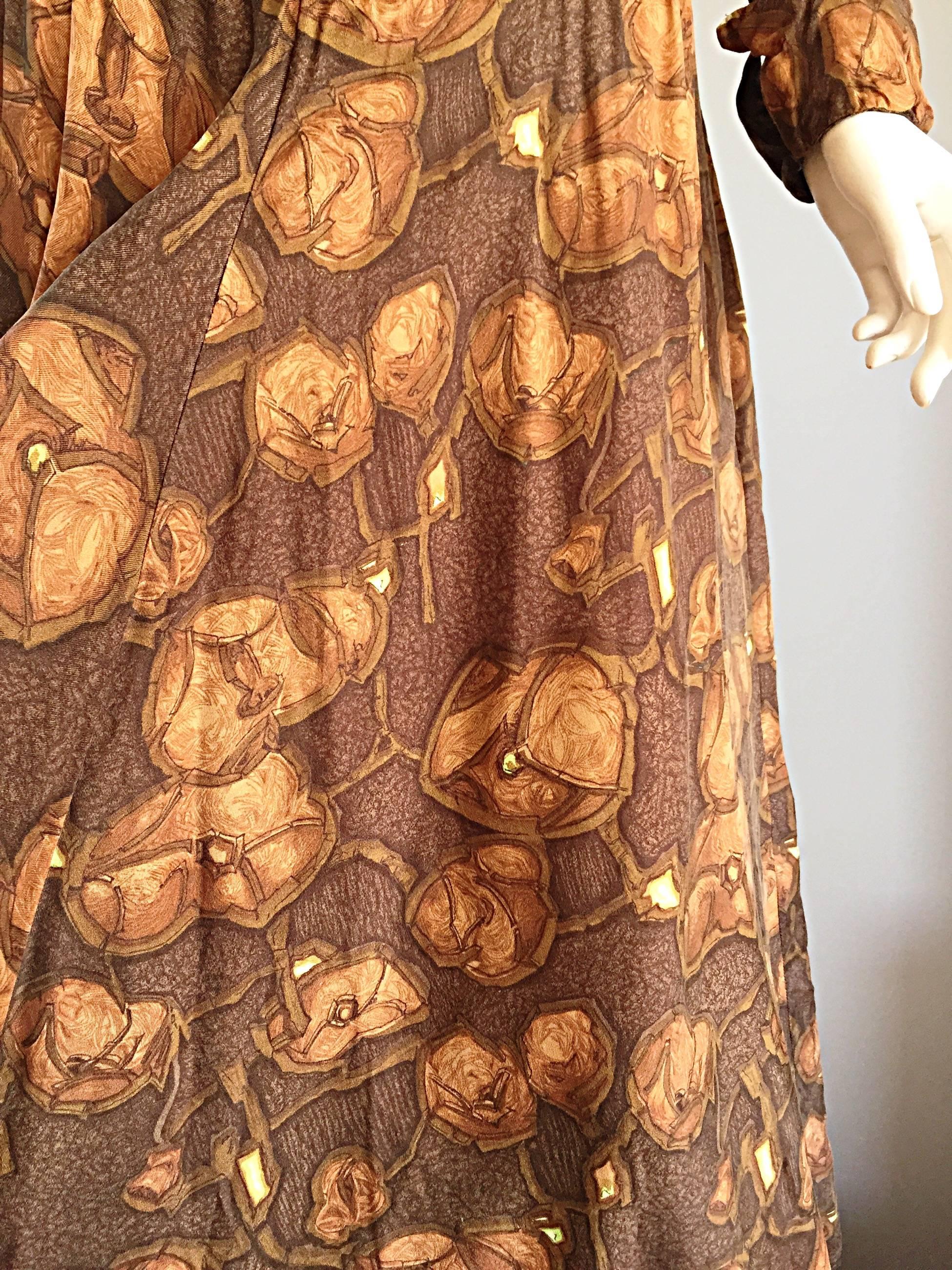 Vera Maxwell 1970s Brown Printed ' Poppy ' Vintage 70s Jersey Maxi Dress 1