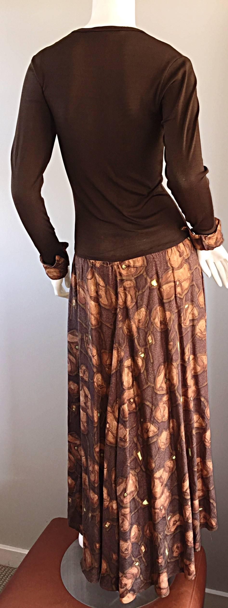 Vera Maxwell 1970s Brown Printed ' Poppy ' Vintage 70s Jersey Maxi Dress In Excellent Condition In San Diego, CA