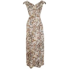 1948 Paquin Demi-Couture Watercolor Floral Print Silk Hourglass Trained Gown