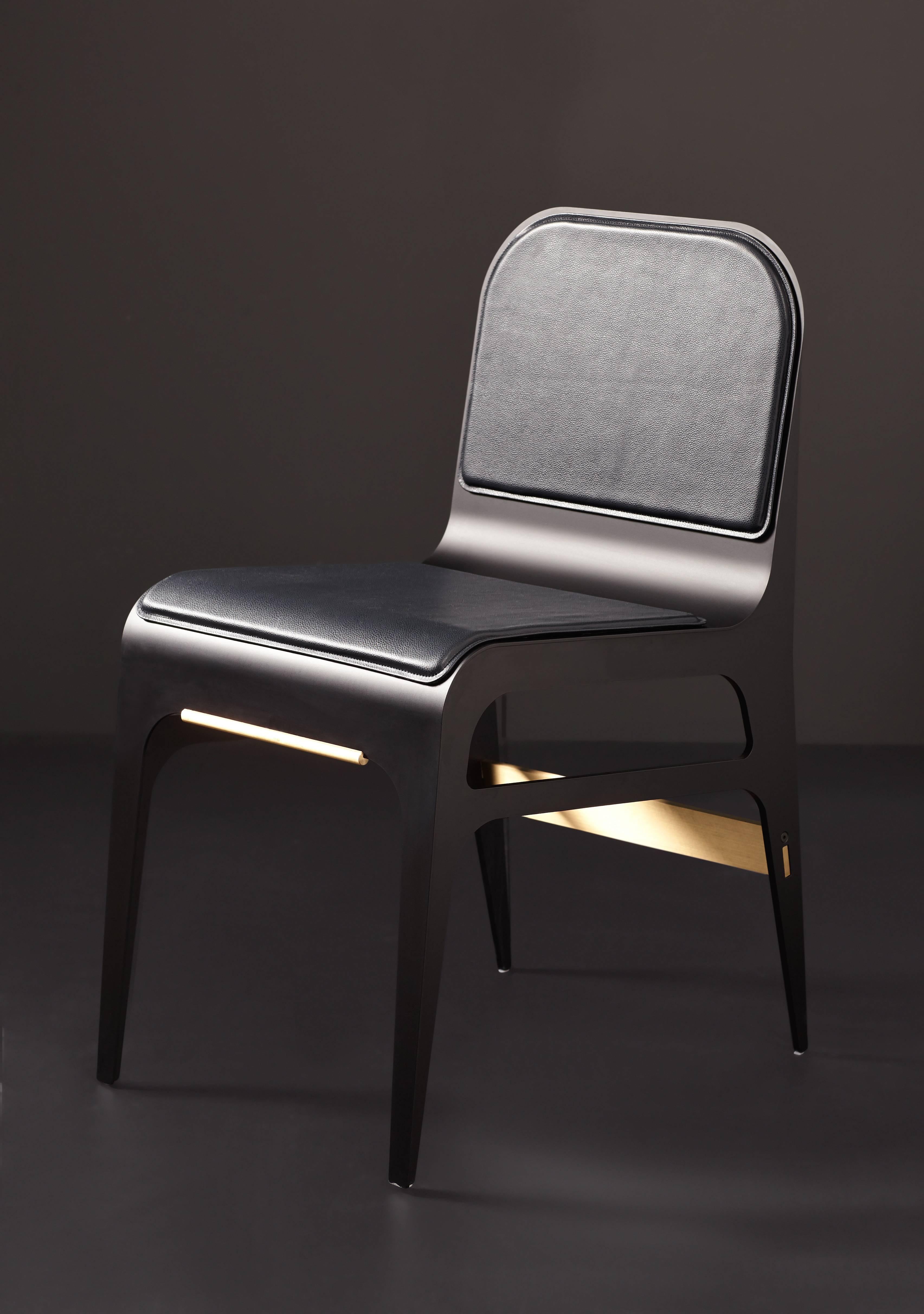 Blackened Bardot Side or Dining Chair in Black Steel and Satin Copper with French Leather For Sale