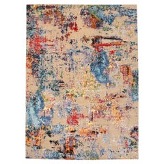 Tapis d'Inde en laine et soie bleu vert ivoire rouge jaune - 97322