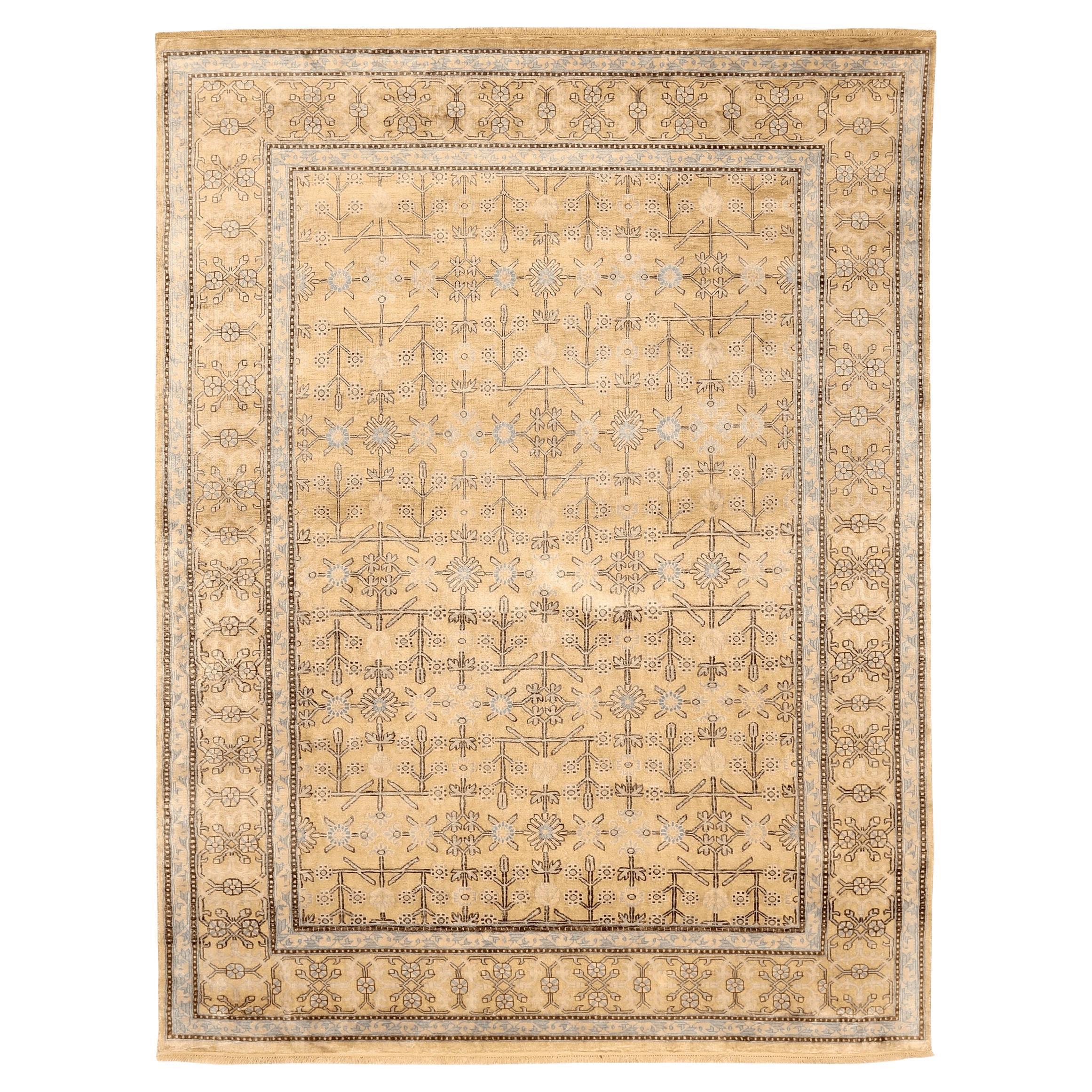Khotan-Teppiche aus Wolle – elfenbeinfarbenes, gelbes Design – 94119, Indien