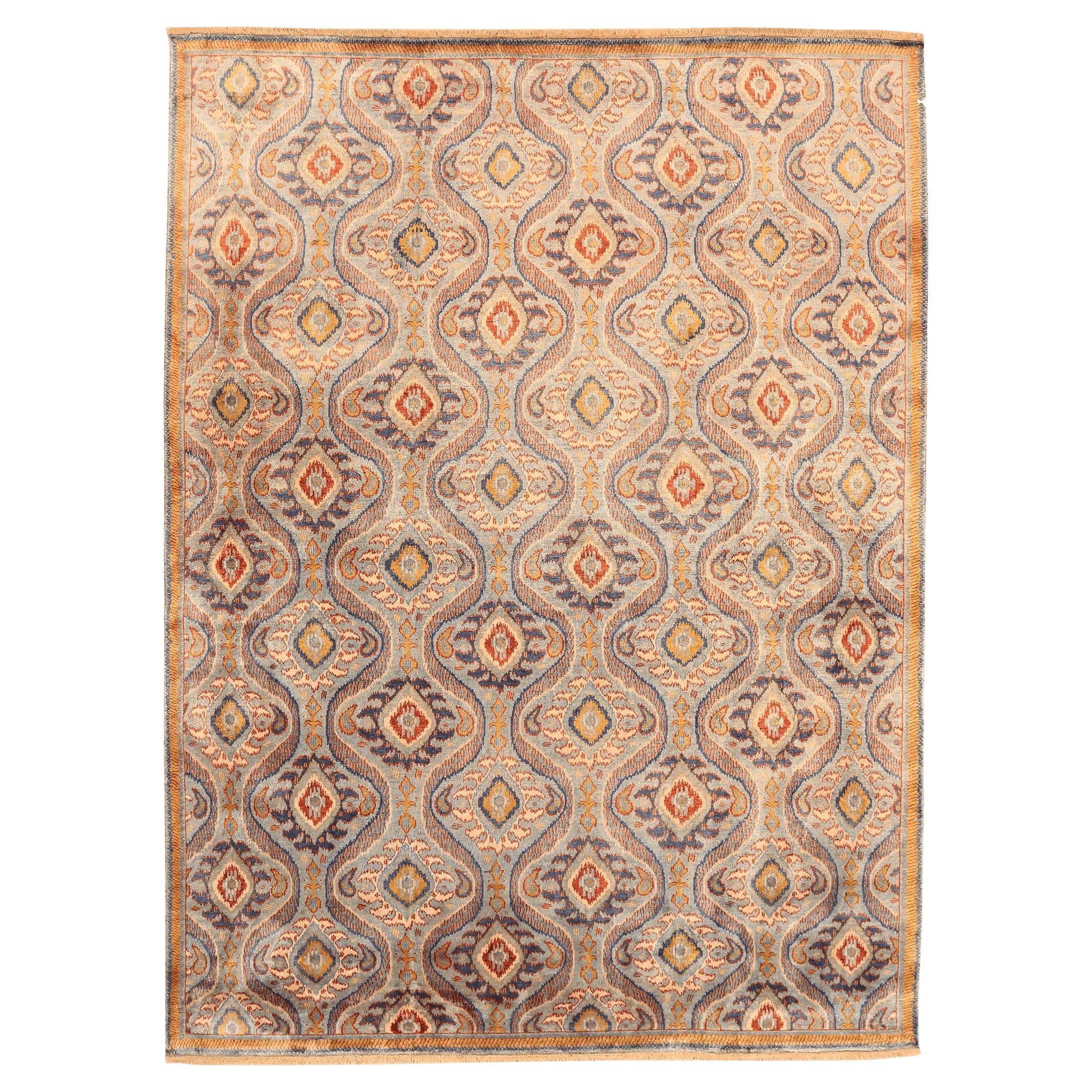 Indische Ikat-Teppiche - Wolle Blau Elfenbein Rot Design - 94121