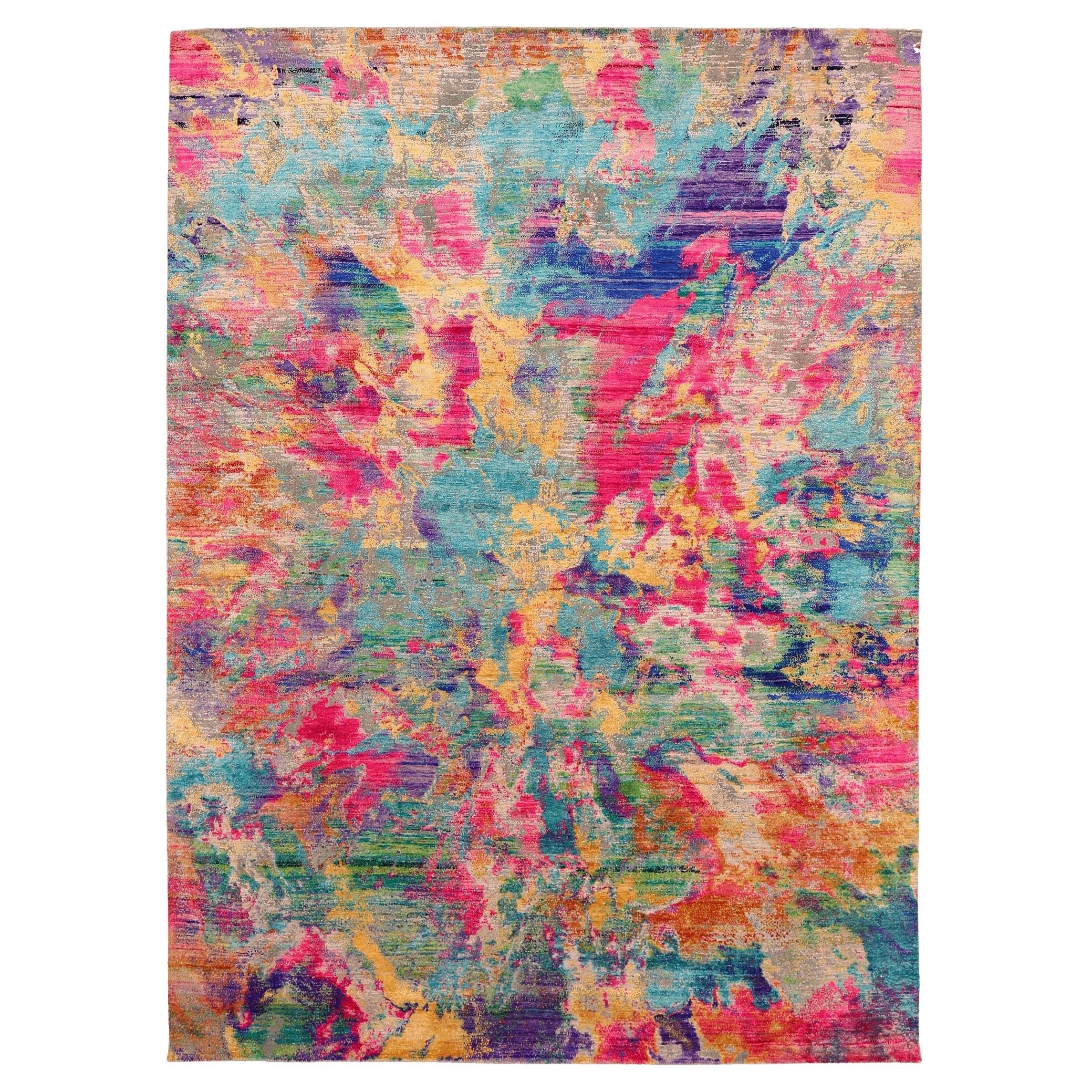 Indien Sari Seide Bereich Teppiche - Wolle Blau Grün Rosa Gelb - 94126
