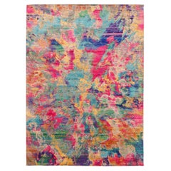 India Sari Silk Area Rugs - Wool Blue Green Pink Yellow - 94126