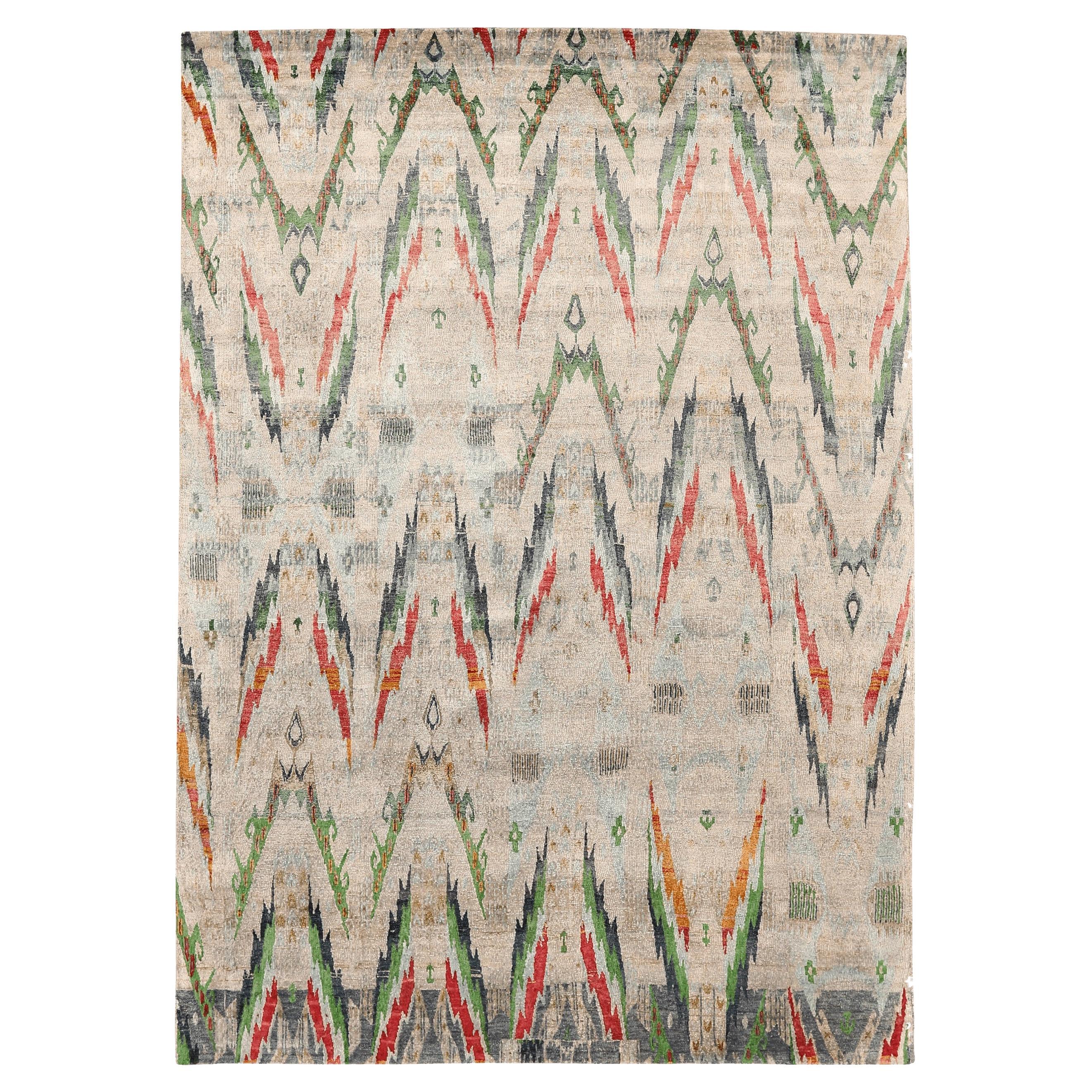 Tappeti India Sari Silk Area Rugs - Lana Verde Avorio Rosso Design - 94131 in vendita