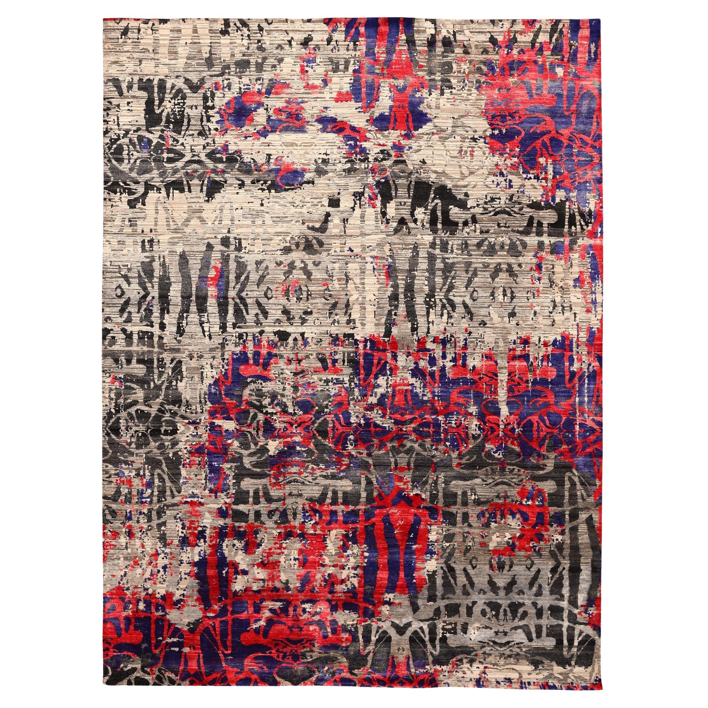 India Sari Silk Area Rugs - Wool Black Blue Brown Ivory Red - 94145