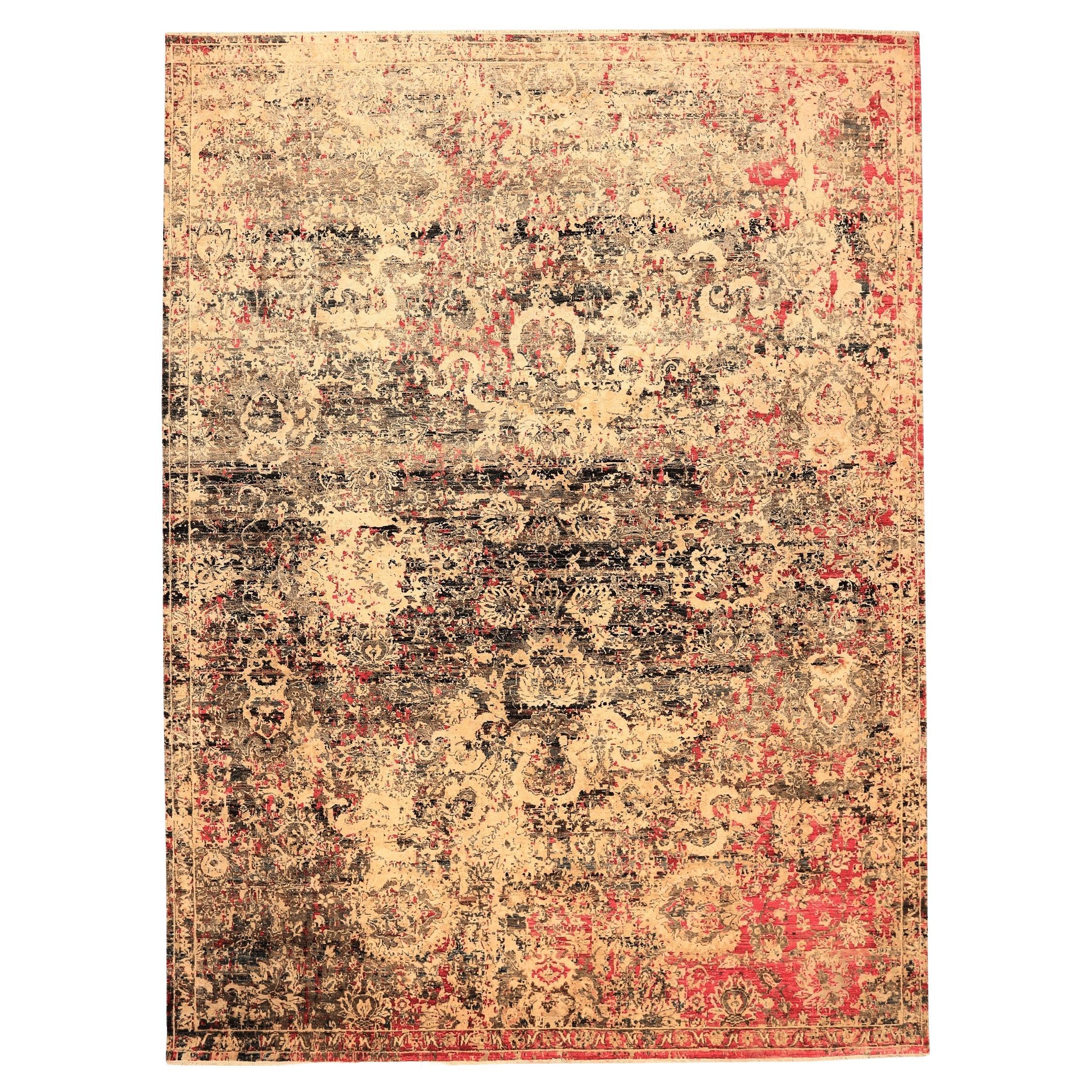 Tapis en soie Sari de l'Inde - Laine Brown Ivory Red Design - 94150 en vente