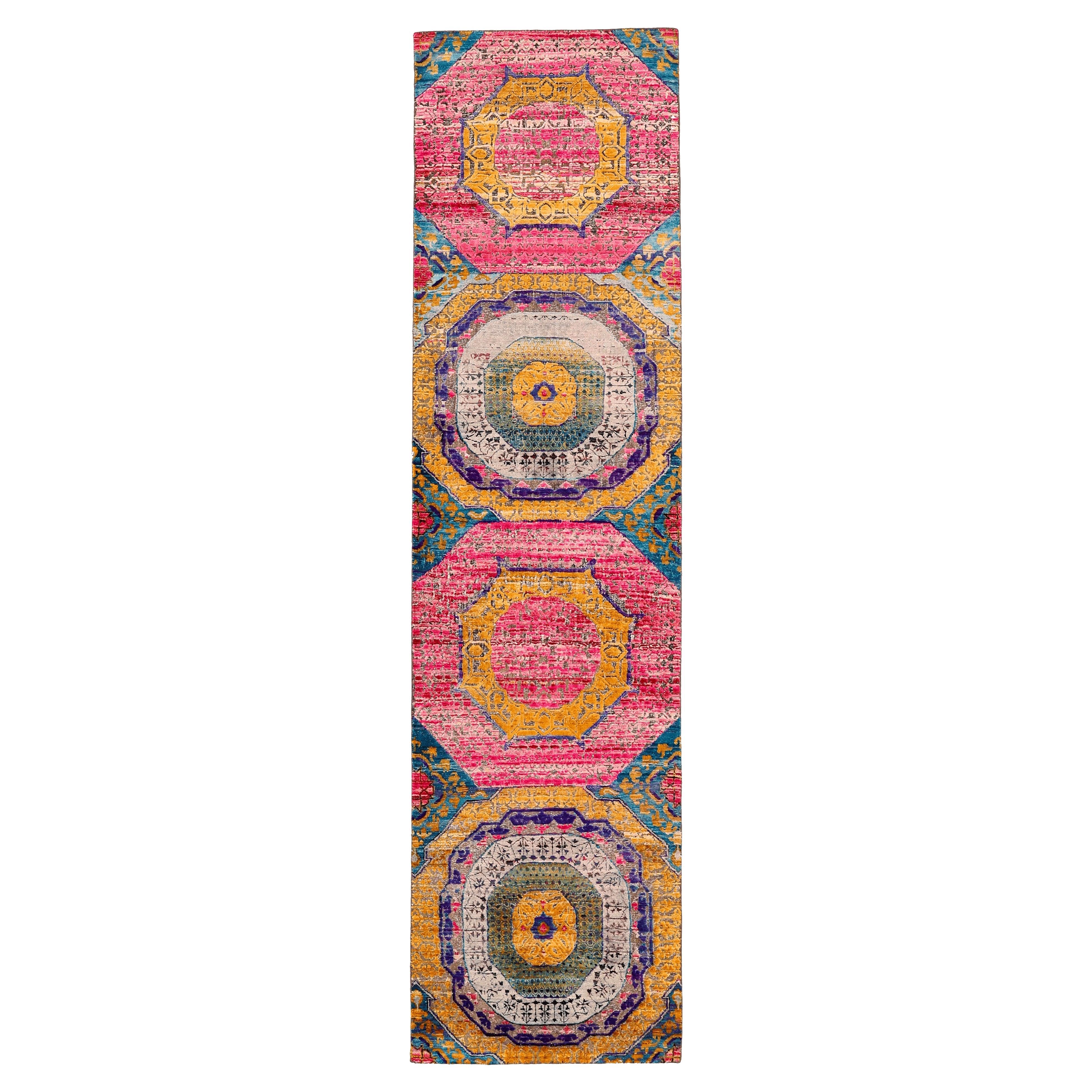Tappeto Runner India Mamluke - Lana Blu Rosa Purpel Yellow Design - 94197