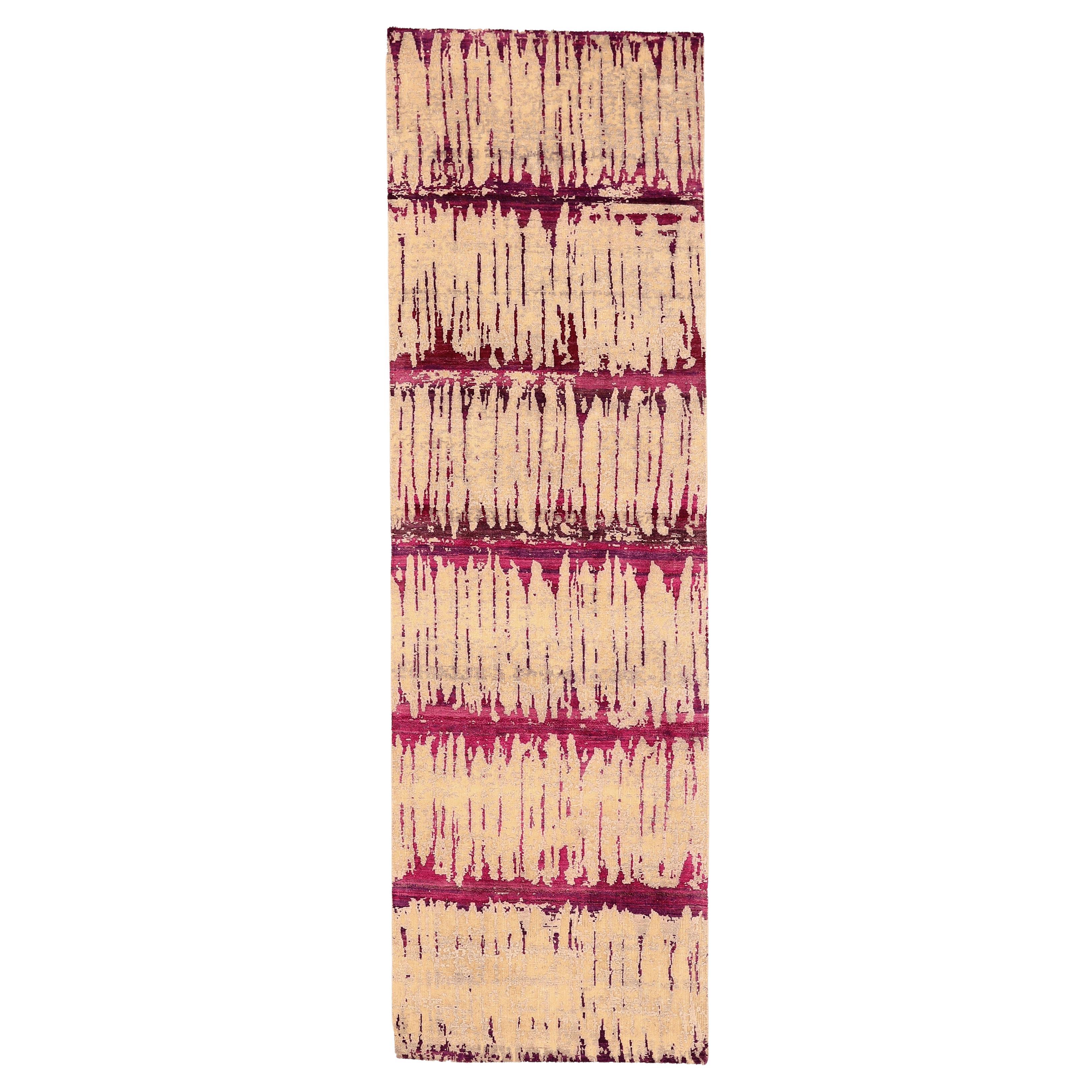 Indischer Ikat-Läufer aus Wolle - Elfenbein-rosa Purpel-Design - 94214