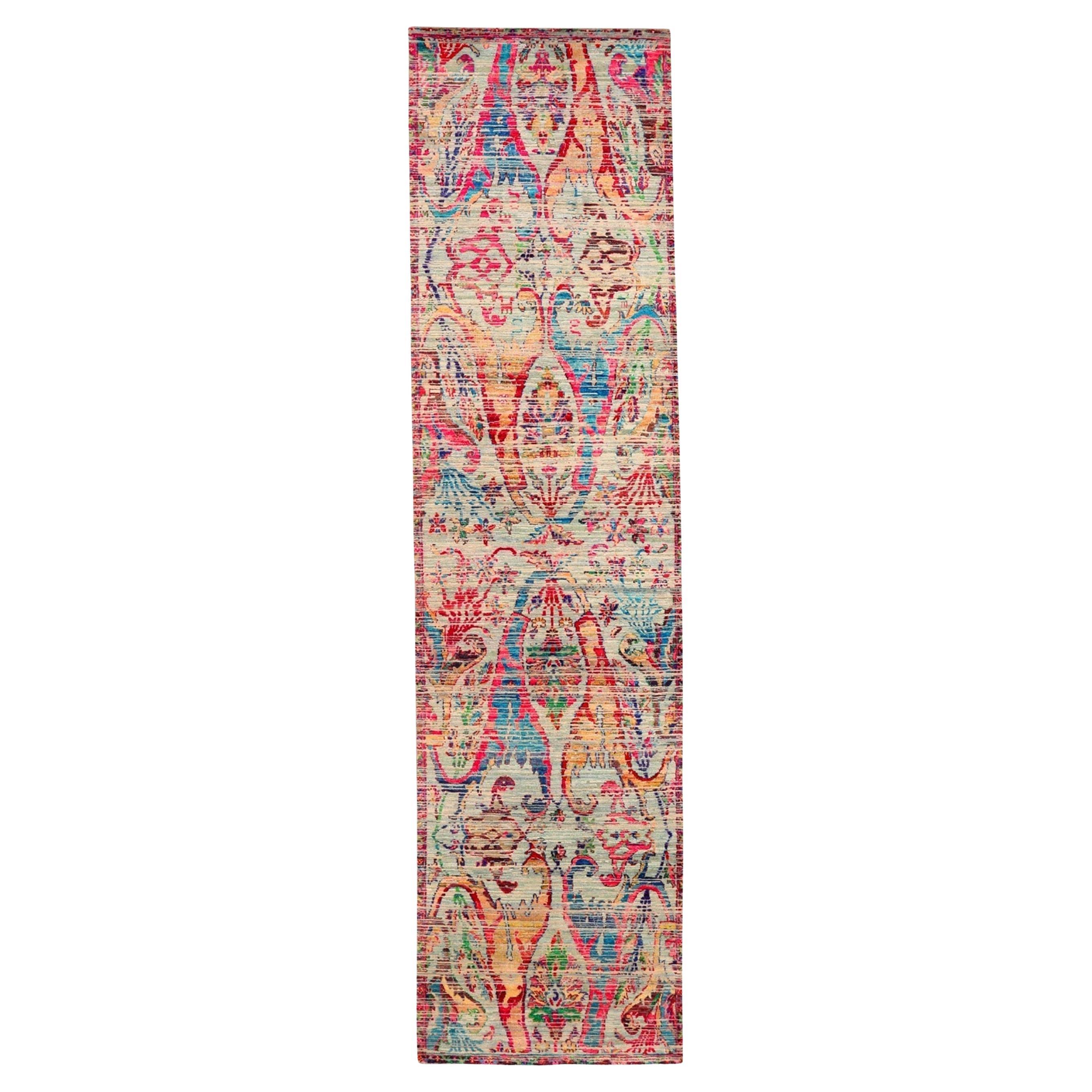 India Sari Silk Runner Rug - Wool Blue Ivory Pink Red Yellow - 94210