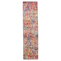 India Sari Silk Runner Rug - Wool Blue Ivory Pink Red Yellow - 94210