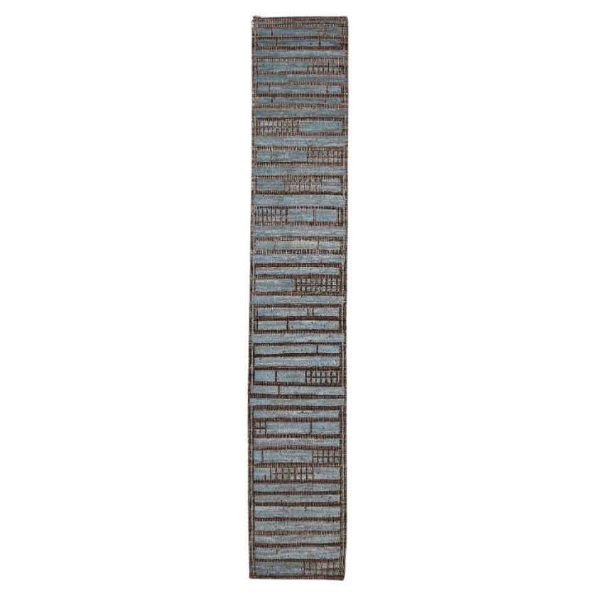 Tappeto Afghanistan Moroccan Runner - Lana Blu Marrone Design - 94338 in vendita
