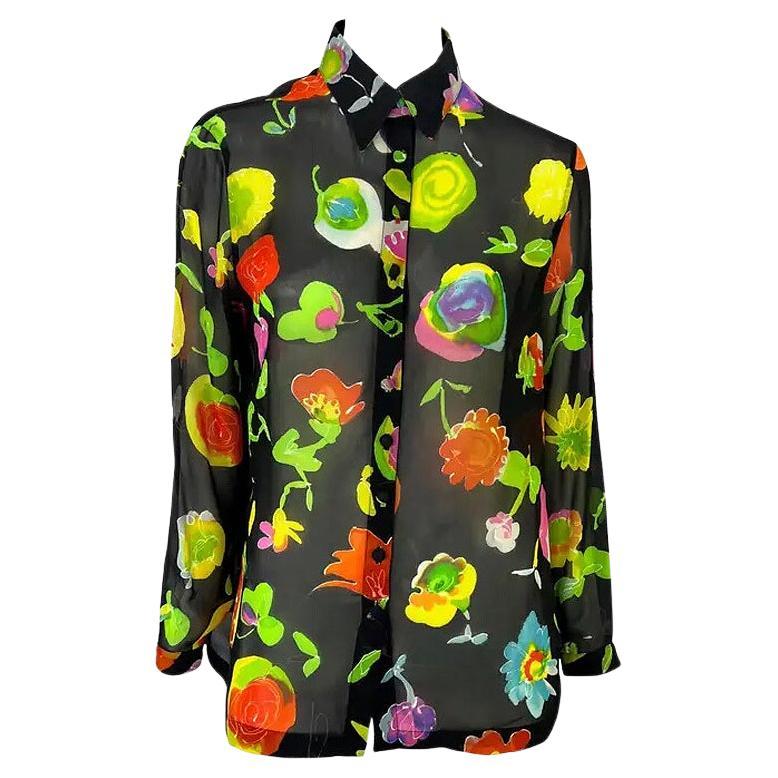 S/S 1996 Gianni Versace Black Floral Sheer Button Down Shirt 44IT/US10 For Sale