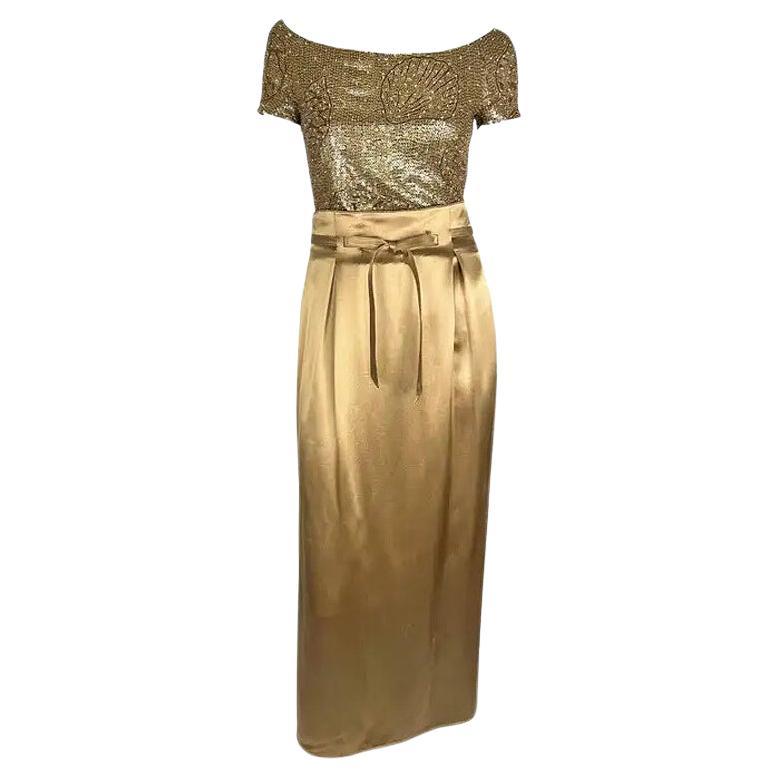 S/S 1996 Valentino Garavani Runway Beaded Sequin Shell Bodysuit Satin Skirt Set For Sale