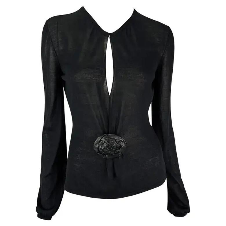 F/W 1999 Gucci by Tom Ford Runway Black Leather Flower Plunge Sheer Knit Top