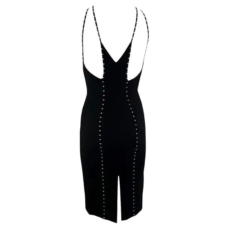 F/W 2004 Versace by Donatella Black Studded Plunging Runway Mini Dress IT38