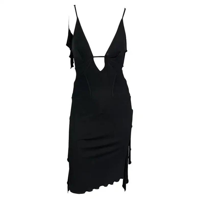 2003 Gucci by Tom Ford Black Plunge Ruffle Dress Sleeveless