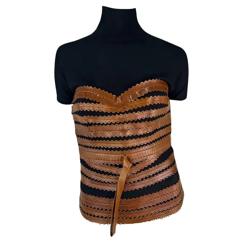2000s Gianfranco Ferre Black Mock Neck Brown Leather Lace Up Corset Top 42IT