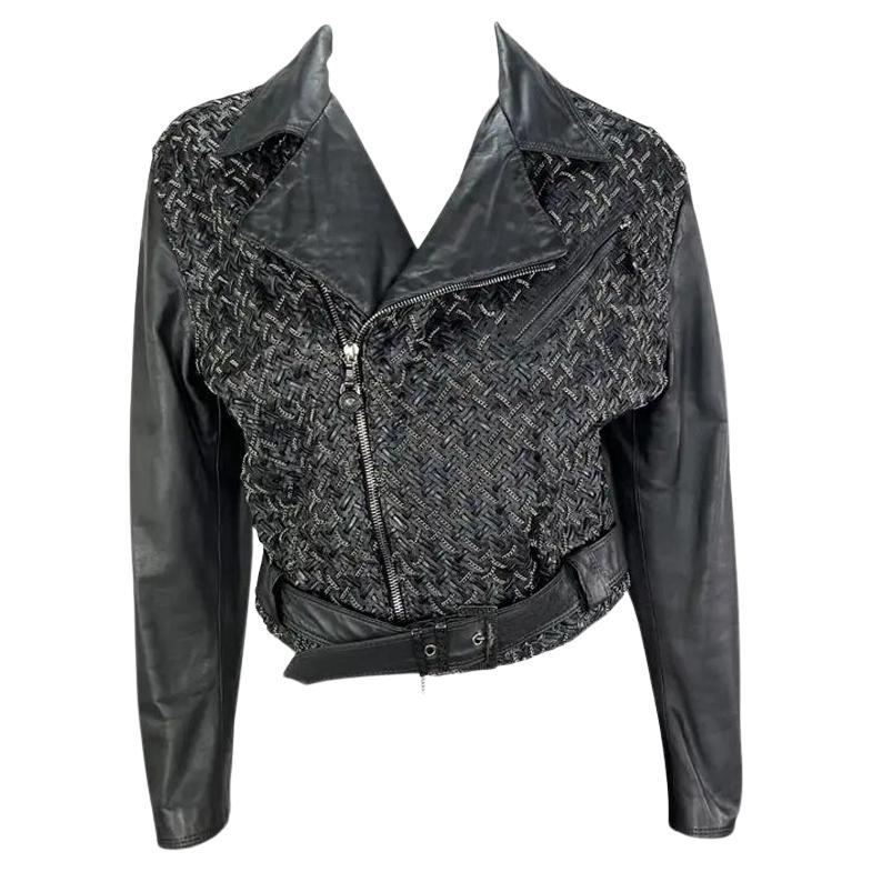 1990s Gianni Versace Black Woven Leather Silver Chain Oversized Leather Jacket For Sale
