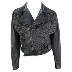 1990s Gianni Versace Black Woven Leather Silver Chain Oversized Leather Jacket