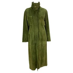 1970s Gucci Stirrup Buckle Green Suede Pocket Full-Length Oversized Trench Coat