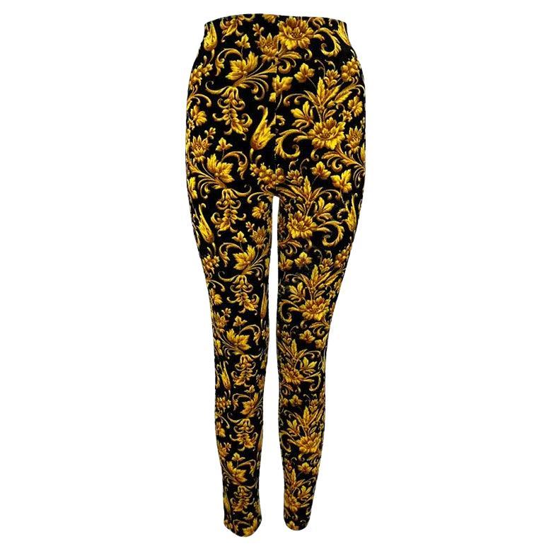 Pre-owned Versace F/w 1991 Gianni Runway Black Gold Velvet Baroque Print Tights 38it/4us