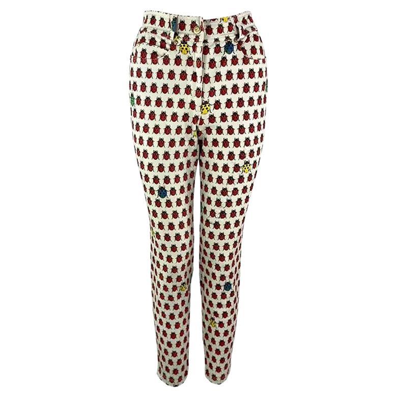 S/S 1995 Gianni Versace White Lady Bug Print Denim Jean Pants 40IT/6US For Sale