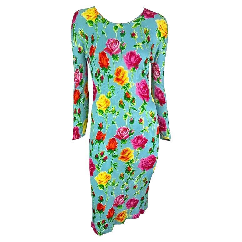 S/S 1995 Gianni Versace Runway Baby Blue Floral Ribbed Bodycon Dress 44IT/10US For Sale