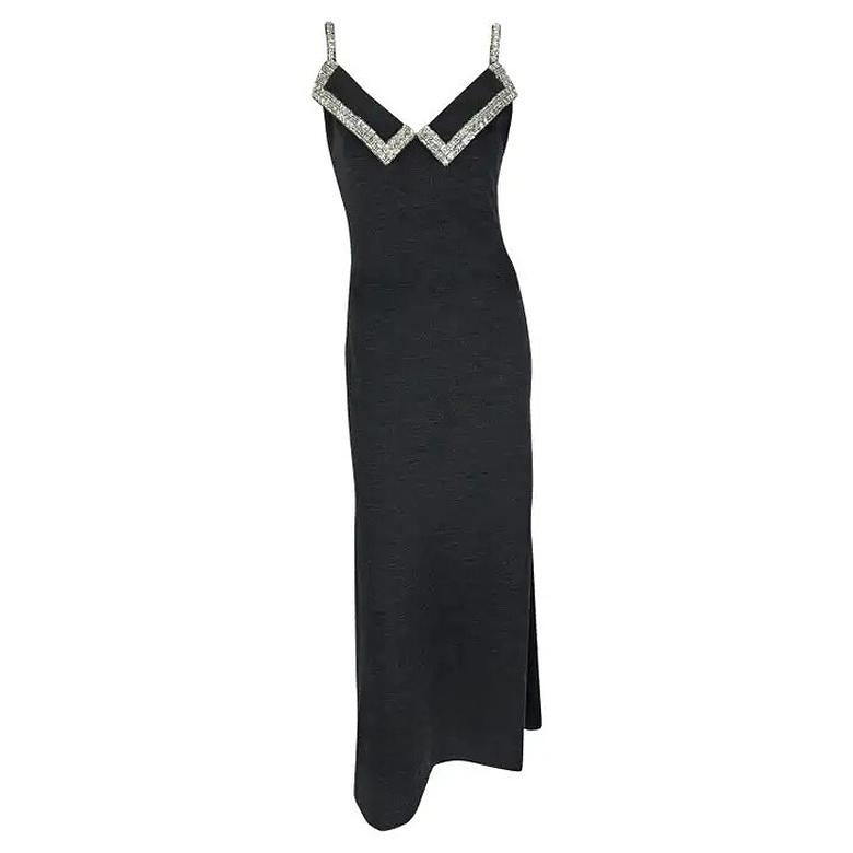 Late 1980s Galanos Heather Grey Rhinestone Accent Slip Demi-Couture Gown