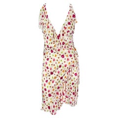 S/S 2004 Versace by Donatella White Ruffle Orchid Print Wrap Dress