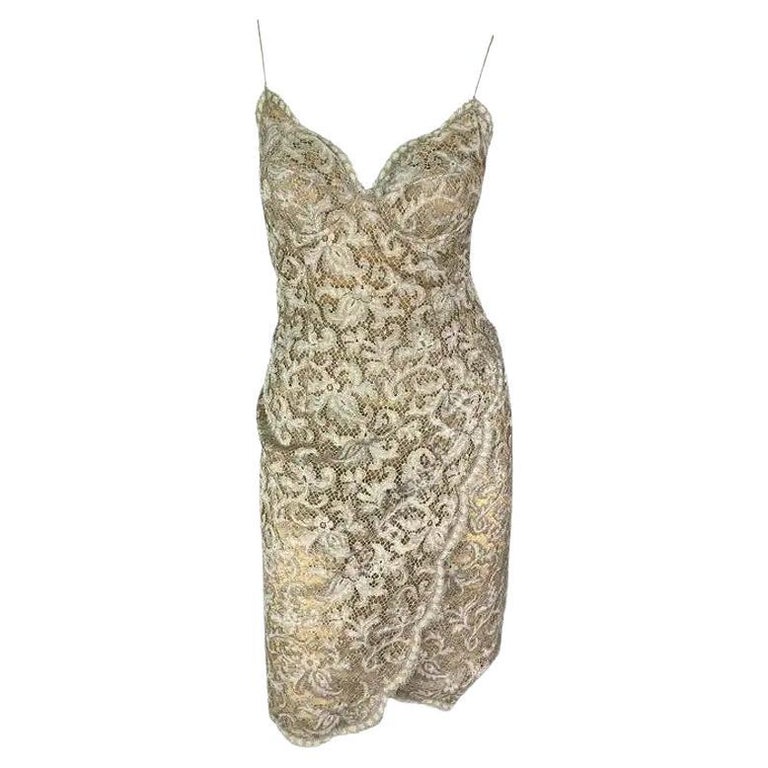 S/S 1995 Donna Karan Runway Silver Lace Wrap Style Slip Dress S/S 1995 Donna Karan Runway Silver Lace Wrap Style Slip Dress