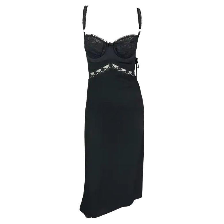S/S 1997 Dolce & Gabbana – Transparentes schwarzes Spitzen-Bustier-Kleid aus Stretch-Stoff mit Ausschnitten, Größe 44IT