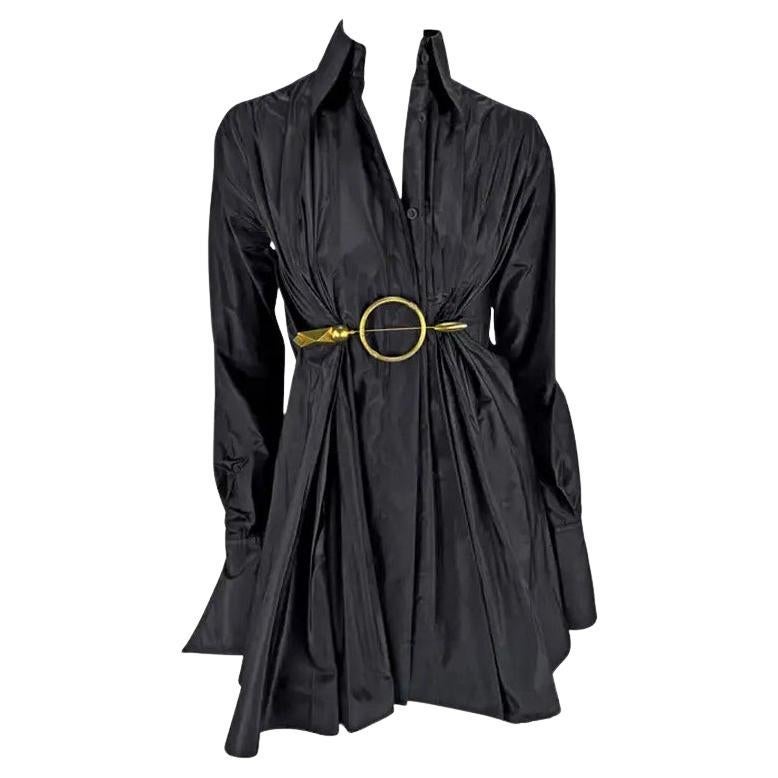 2000s Gianfranco Ferre Black Silk Gold Metal Accent Silk Collared Top 38FR