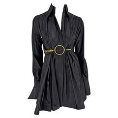 2000s Gianfranco Ferre Black Silk Gold Metal Accent Silk Collared Top
