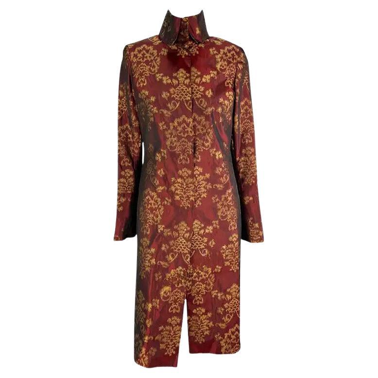 S/S 2000 Dolce & Gabbana Burgundy Satin Gold Jacquard Woven Long Coat