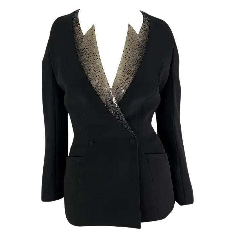 S/S 2001 Thierry Mugler Laufsteg-Blazer aus PVC mit Perlenstickerei, Ausschnitten und tiefem Ausschnitt, schwarz
