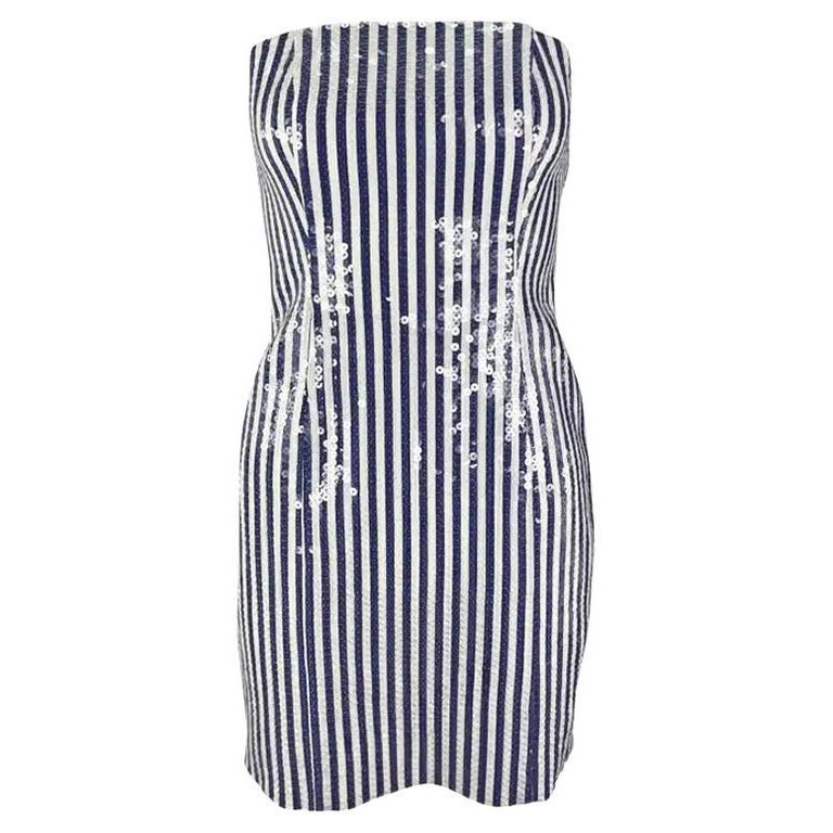 S/S 1990 Michael Kors Runway Blue White Sequin Striped Strapless Mini Dress For Sale at 1stDibs | white and blue sequin dress S/S 1990 Michael Kors Runway Blue White Sequin Striped Strapless Mini Dress For Sale at 1stDibs | white and blue sequin dress