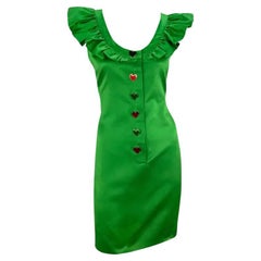 S/S 1992 Yves Saint Laurent Runway Ad Bright Green Ruffle Heart Button Dress