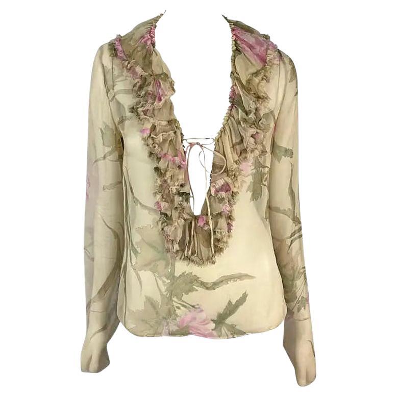 S/S 2003 Gucci by Tom Ford Tan Sheer Floral Ruffle Plunging Top 44IT