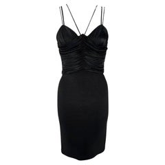 S/S 1995 Gianni Versace - Mini robe à bretelles en cuir extensible froncé et bodyon noir