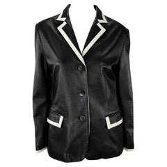 S/S 2001 Ralph Lauren Runway Black Leather White Trim Blazer Jacket 6US