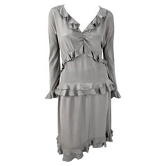 S/S 1999 Gucci by Tom Ford Ruffled Grey Silk Long Sleeve Top Skirt Set