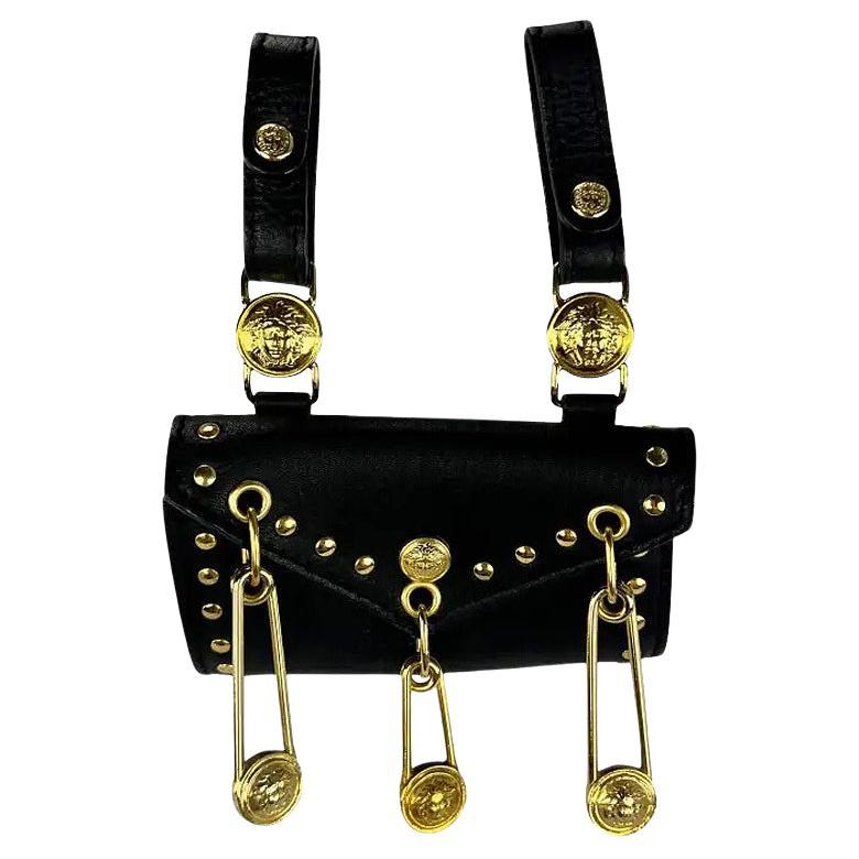 GIANNI VERSACE Black Leather Gold / Silver Tone Medusa Hardware