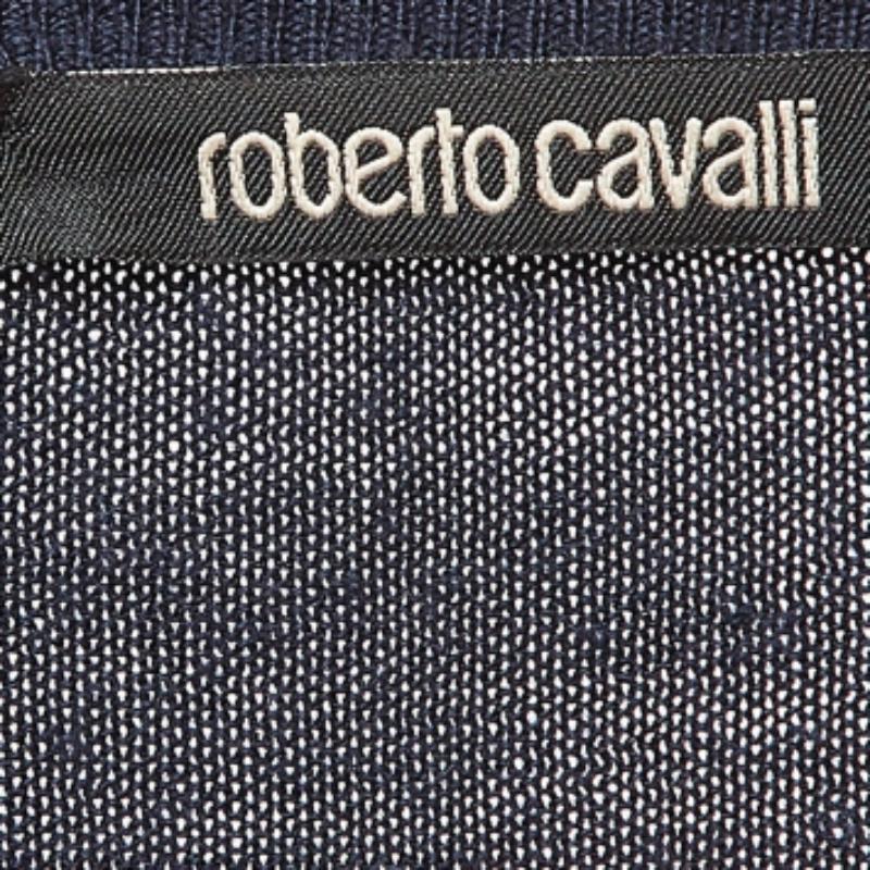 Roberto Cavalli Sudadera de punto de lana azul marino con cuello en V XL en venta 1