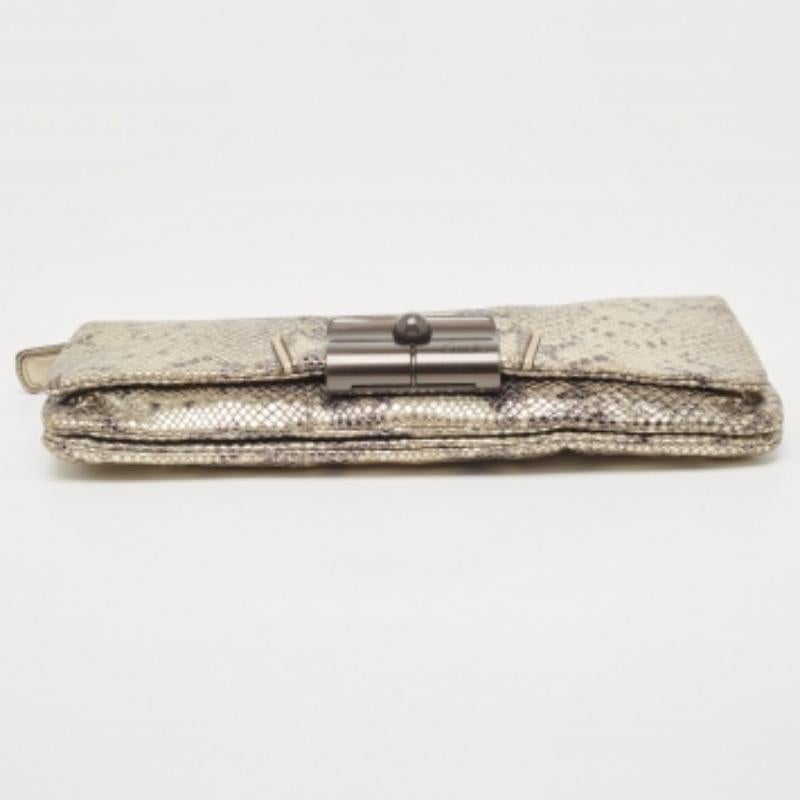Beige Coach Metallic Silver/Black Python Embossed Leather Flap Clutch For Sale